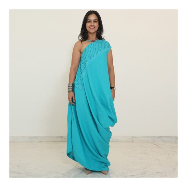 Turquoise Linen One-Shoulder Embroidered Evening Gown